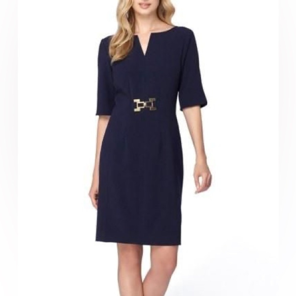 Tahari Navy Sheath Dress with Gold Accent